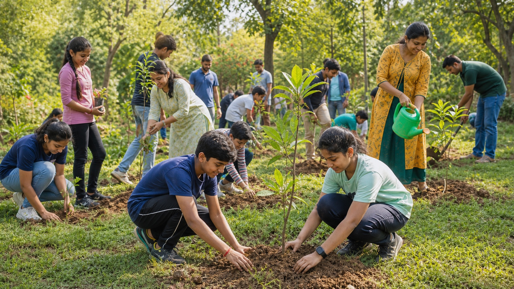 Indian students and community volunteers planting native saplings together